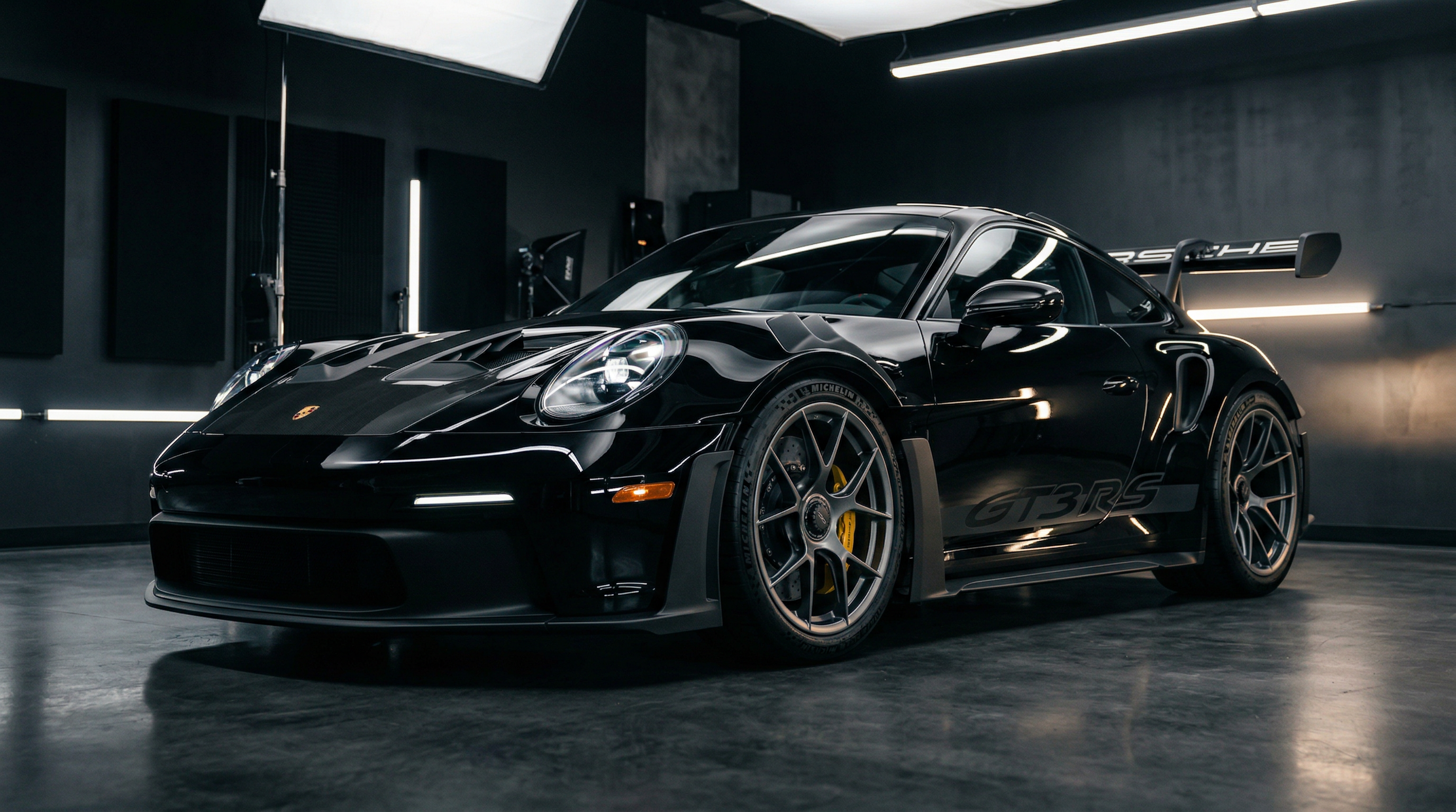 Gleaming black sports car in professional detail studio after ceramic coating